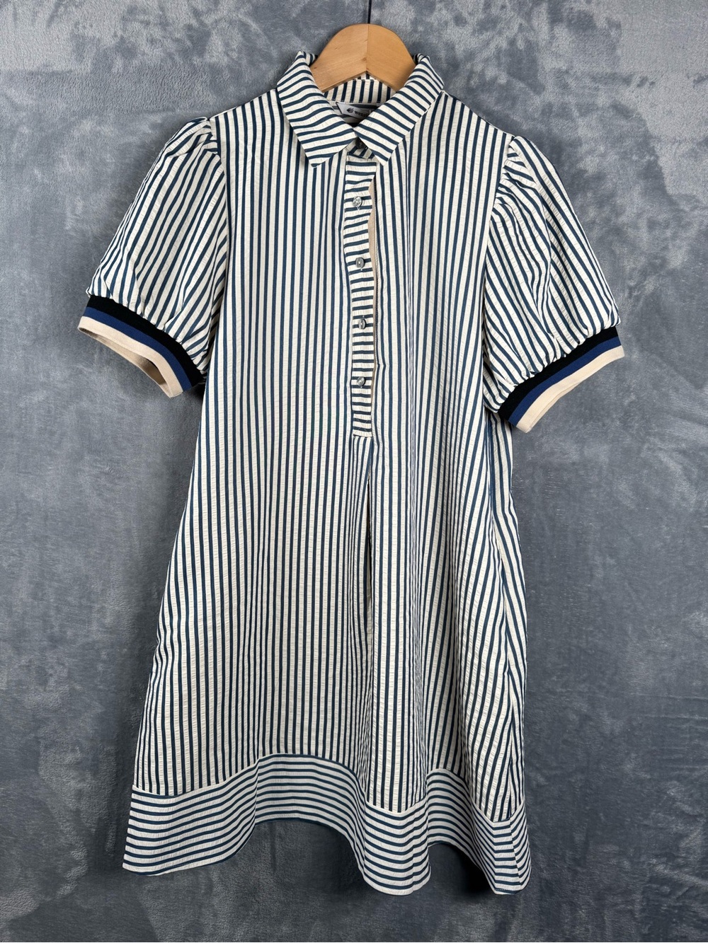 Wenrine Striped Puff Sleeve Shirt Dress Pockets Navy White NWT Size M
